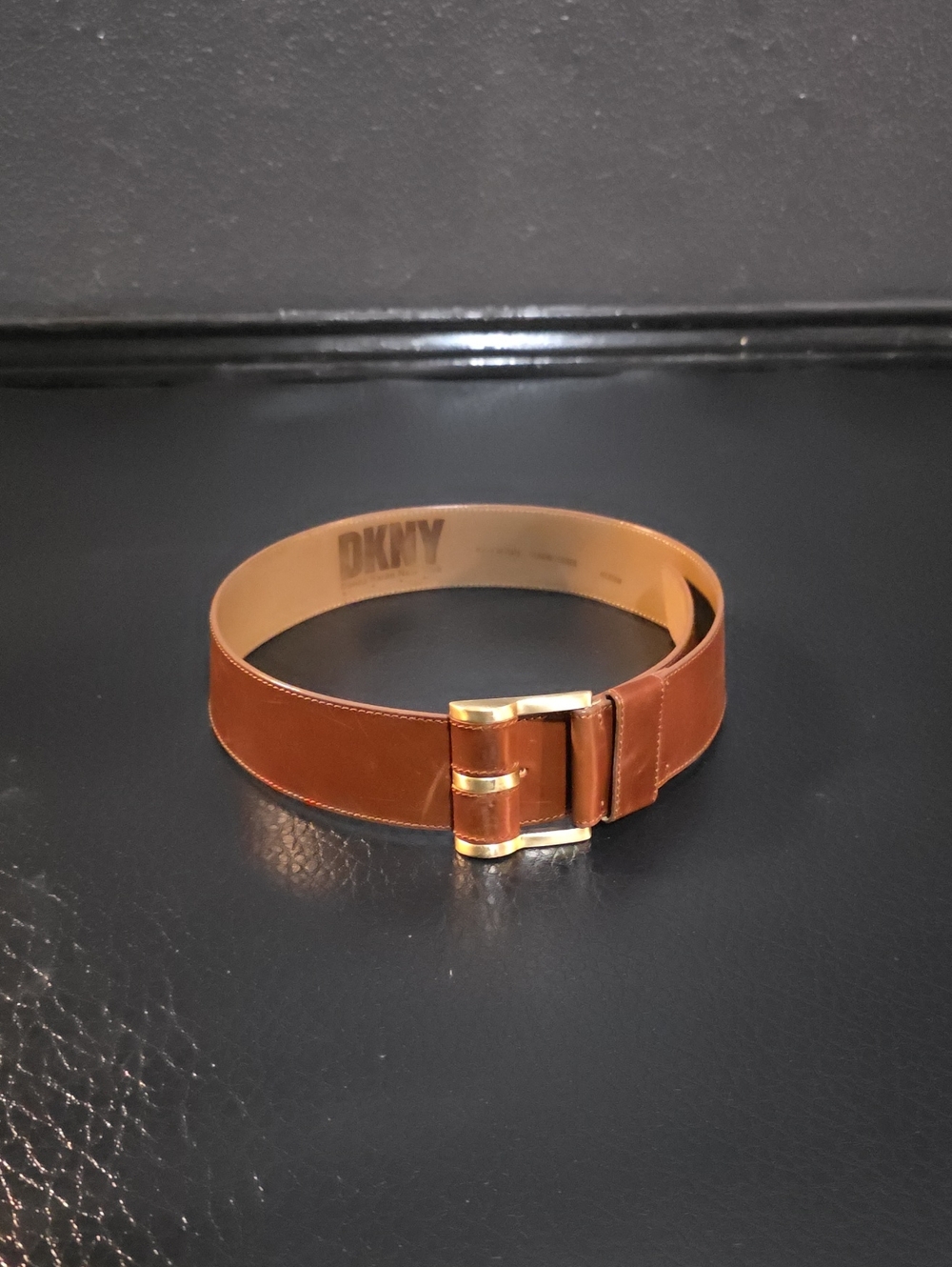Dkny Women's Brown Leather Belt with Gold Buckle